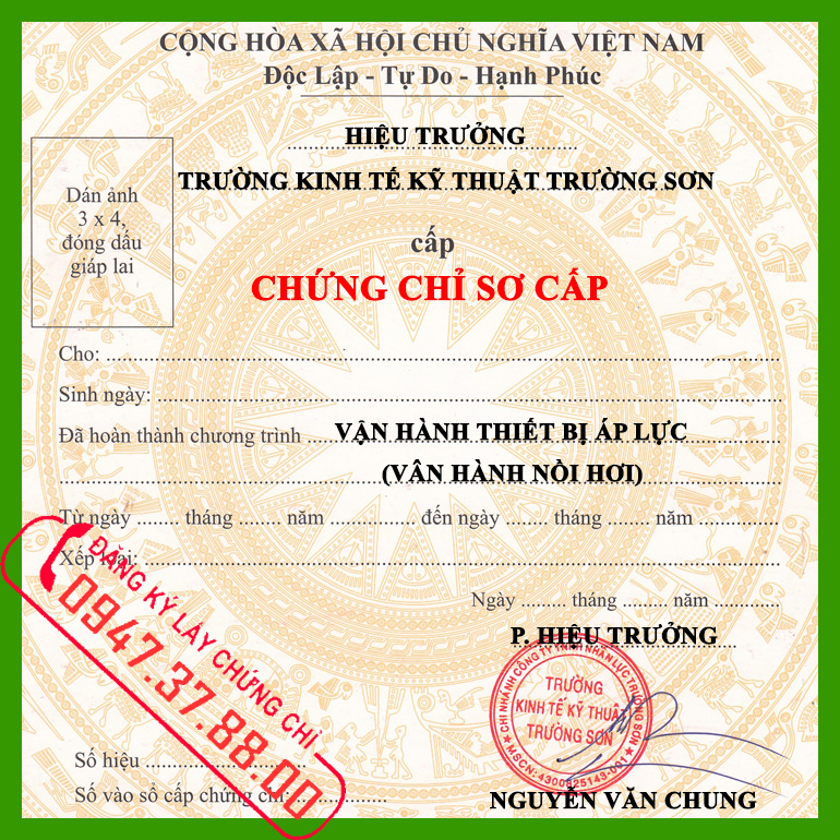 Mẫu văn bằng chứng chỉ sơ cấp nghề vận hành thiết bị áp lực nồi hơi